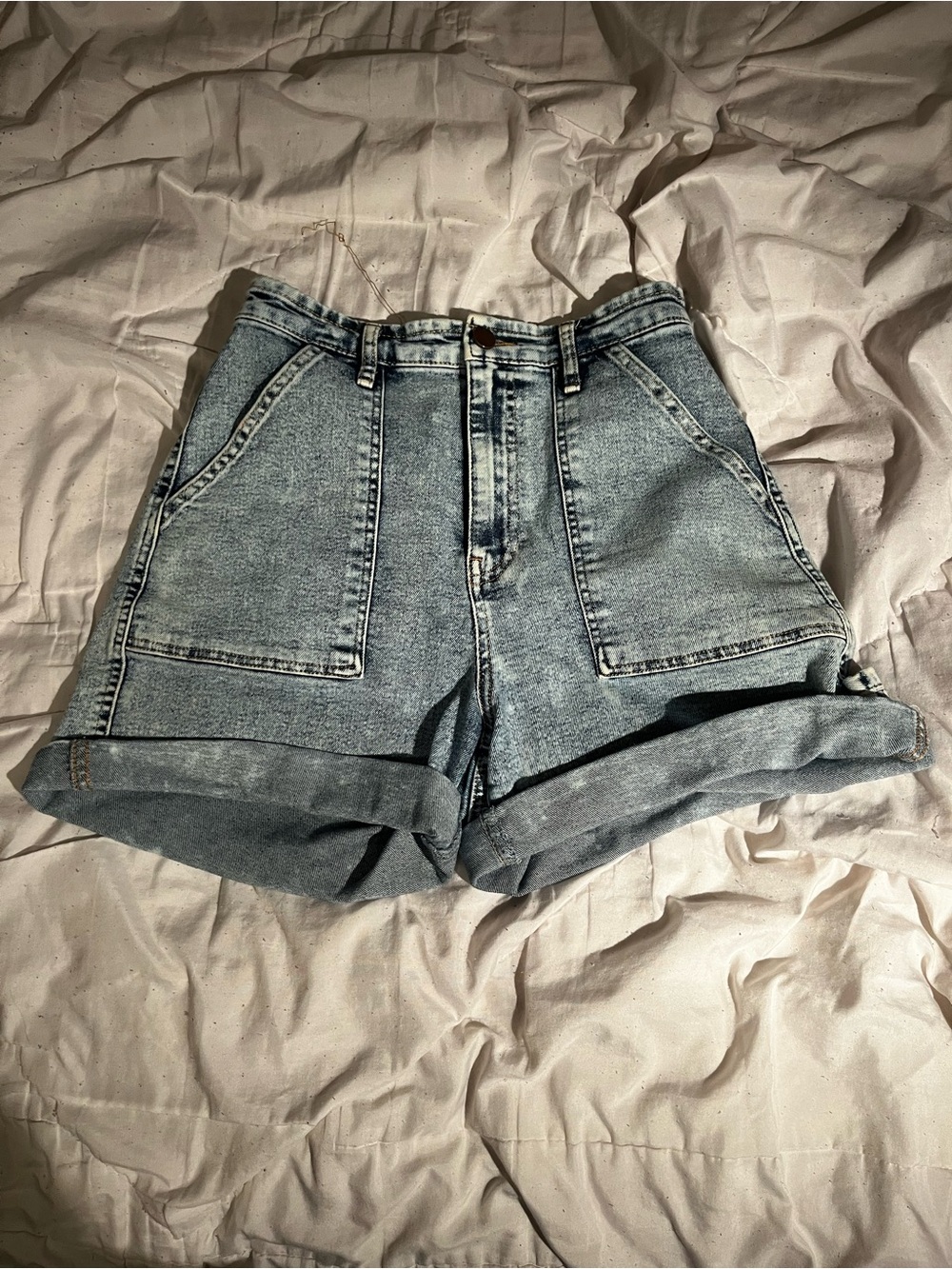 High-Rise Light Blue Denim Rolled-Hem Jean Shorts